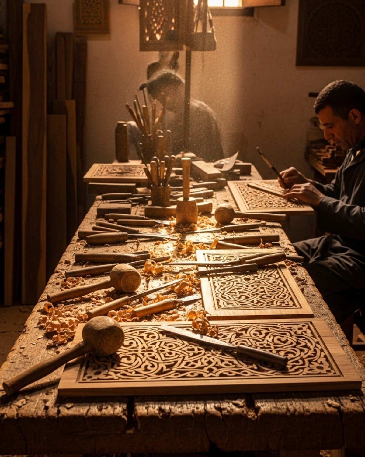 Artisan carving wood panels at a workshop bench in Fes