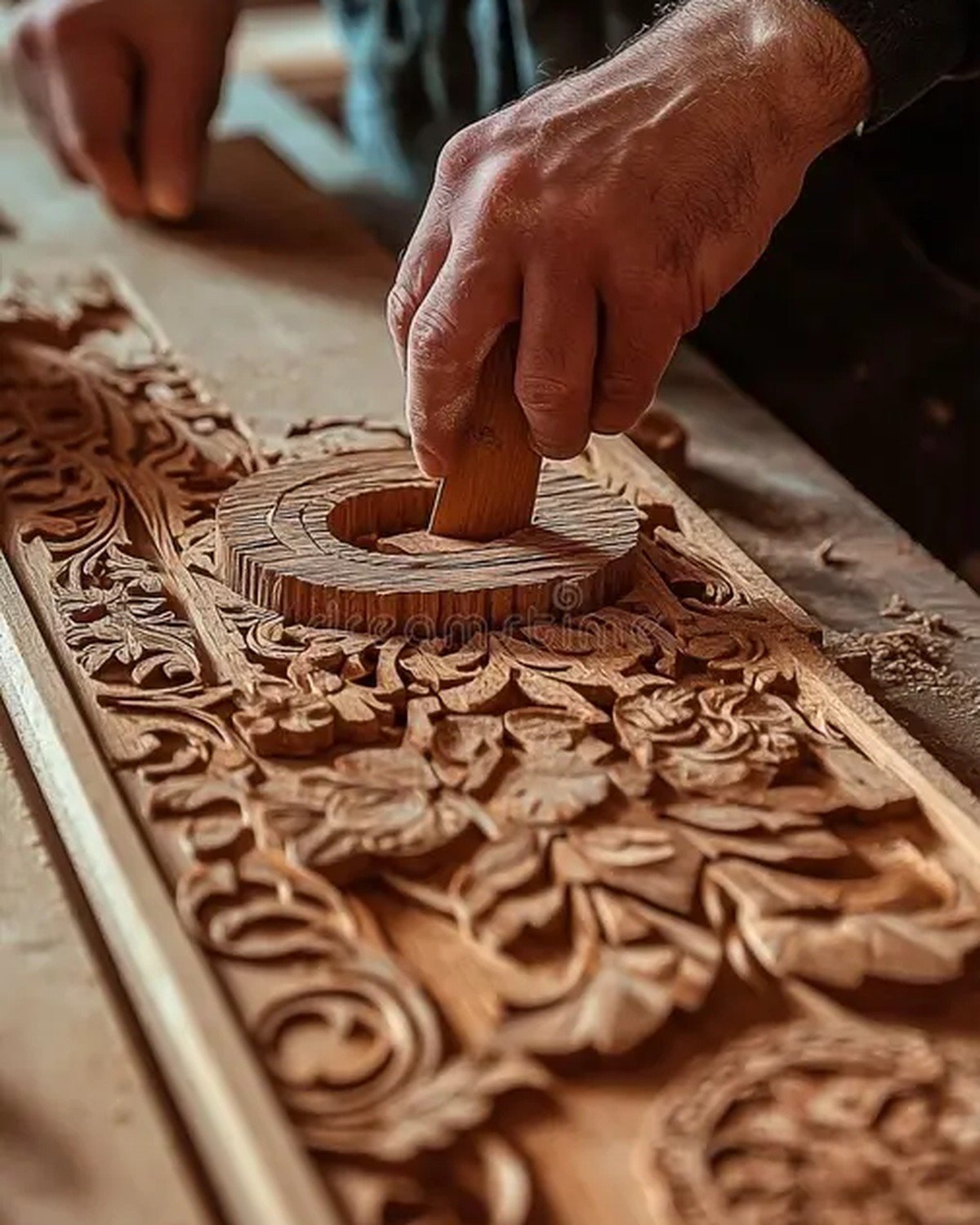 Hand carving a floral relief pattern into cedar