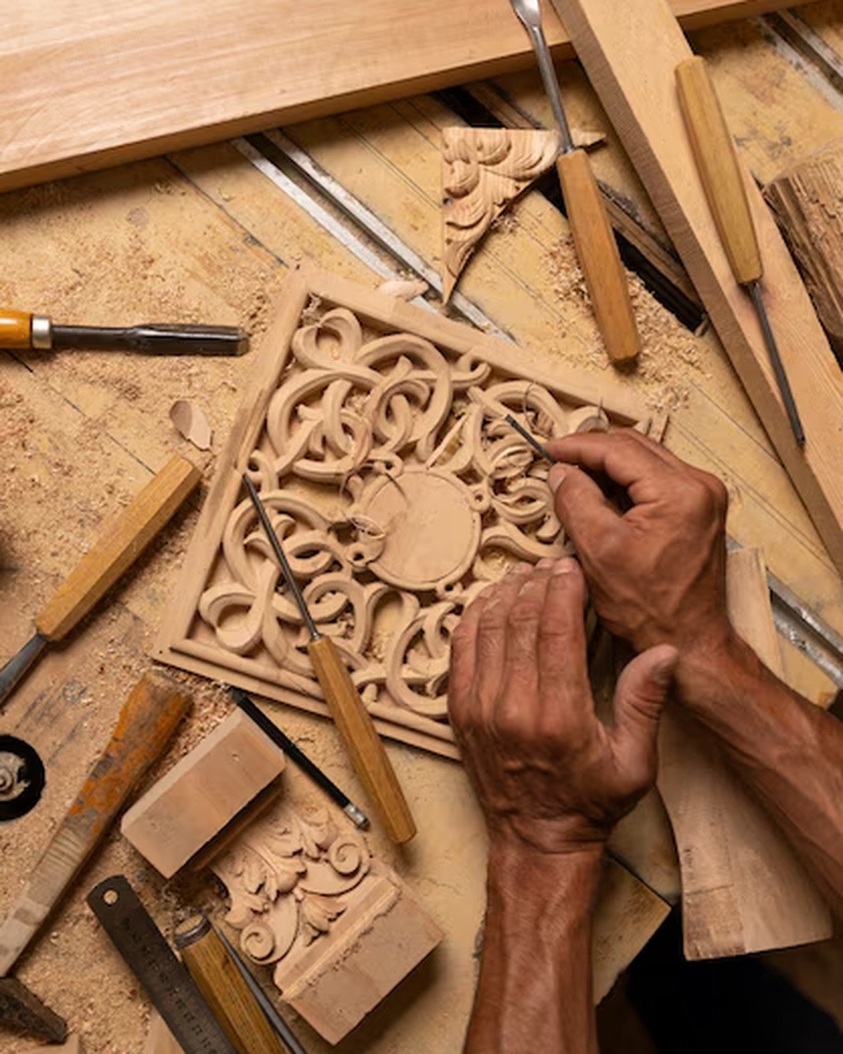 Master carver shaping a geometric wood rosette by hand