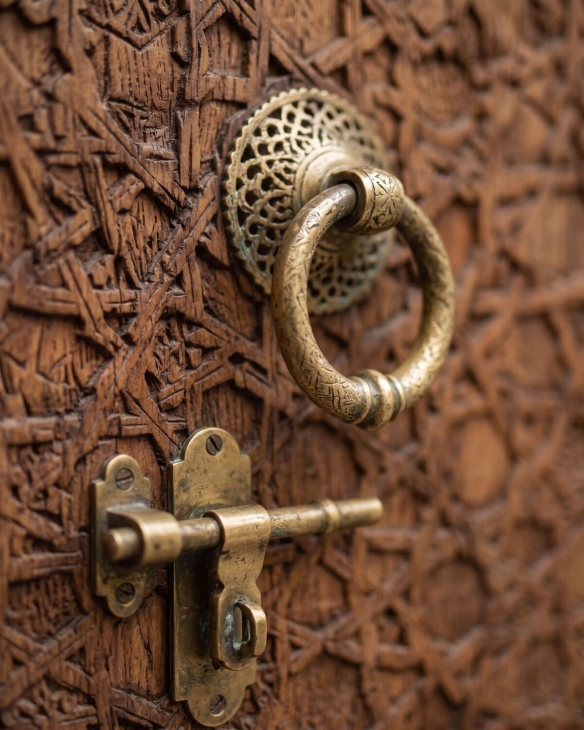 Fes Mashrabiya handmade Moroccan door – carved wood detail, view 2