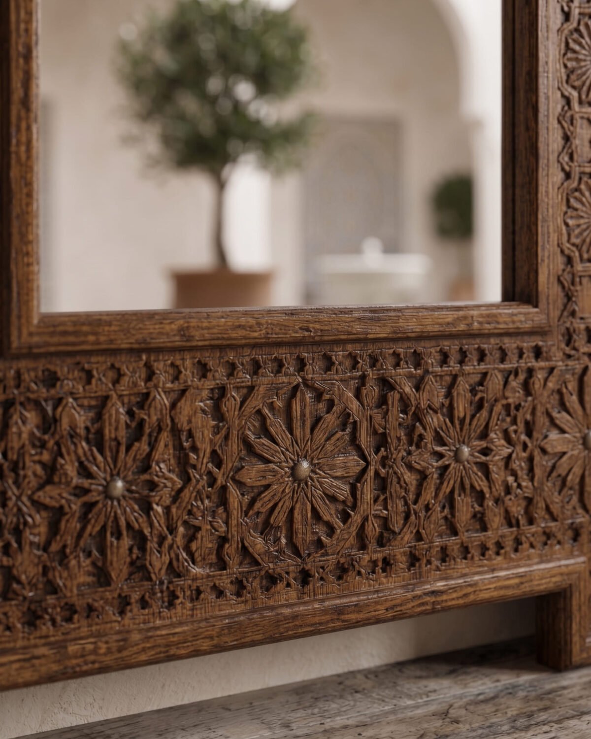 Andalusia Crest handmade Moroccan mirror – carved wood detail, view 2