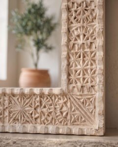 Nacre Arch handmade Moroccan mirror – carved wood detail, view 2