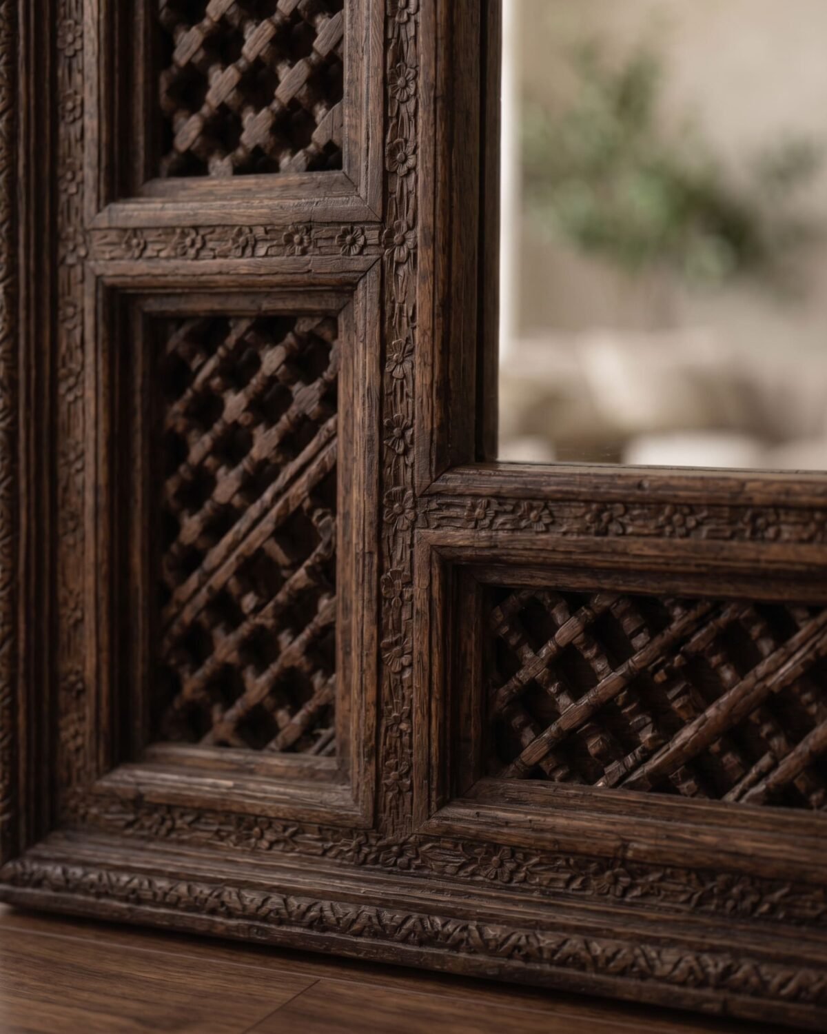 Zellige Reflection handmade Moroccan mirror – carved wood detail, view 2