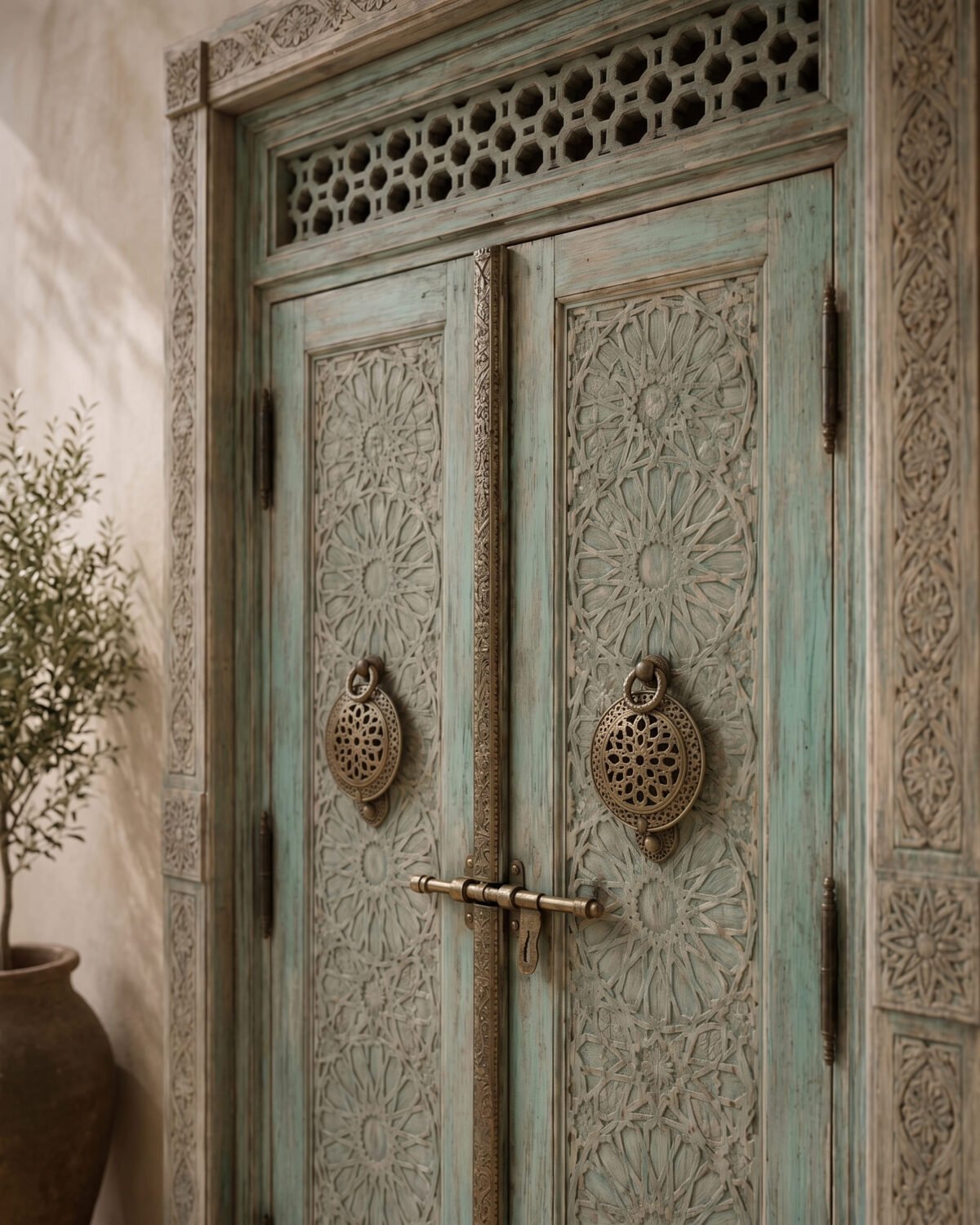 Chefchaouen Arch handmade Moroccan door – carved wood detail, view 2