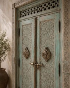 Chefchaouen Arch handmade Moroccan door – carved wood detail, view 2