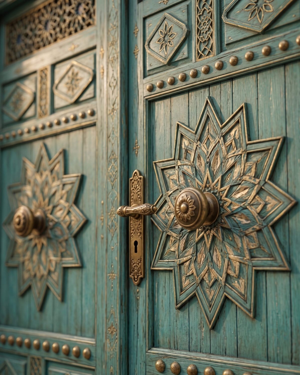 Zellige Turquoise handmade Moroccan door – carved wood detail, view 2