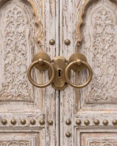 Riad Blanche handmade Moroccan door – carved wood detail, view 2
