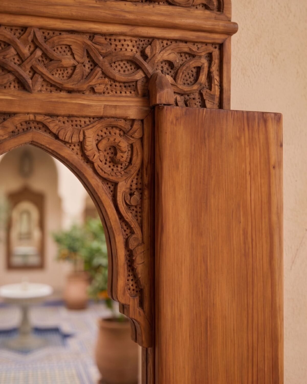 Marrakchia handmade Moroccan mirror – carved wood detail, view 2