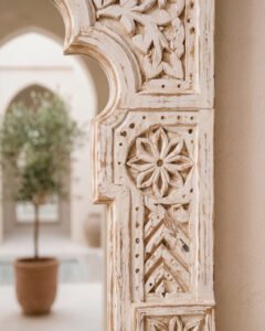 Atlas Leaf handmade Moroccan mirror – carved wood detail, view 3