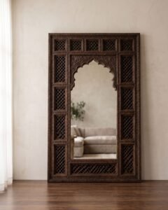 Zellige Reflection handmade Moroccan mirror – carved wood detail, view 3