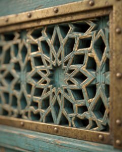 Chefchaouen Arch handmade Moroccan door – carved wood detail, view 3