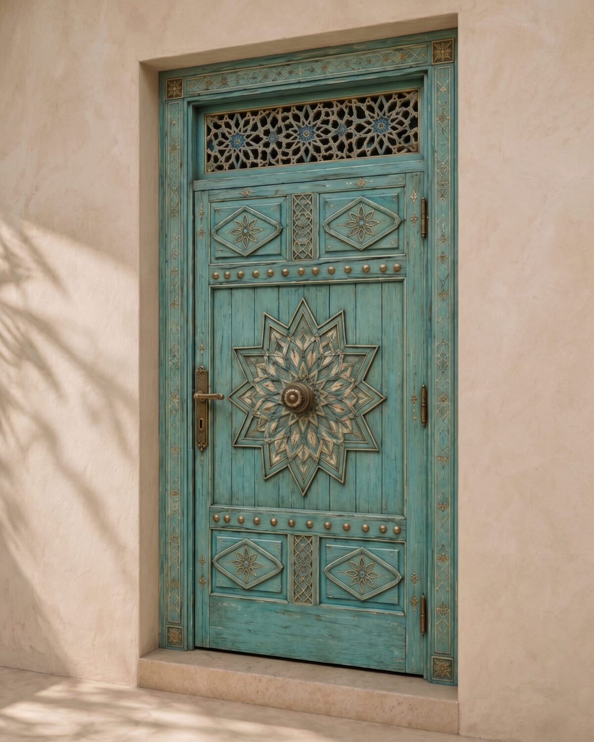 Zellige Turquoise handmade Moroccan door – carved wood detail, view 3