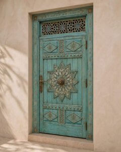 Zellige Turquoise handmade Moroccan door – carved wood detail, view 3