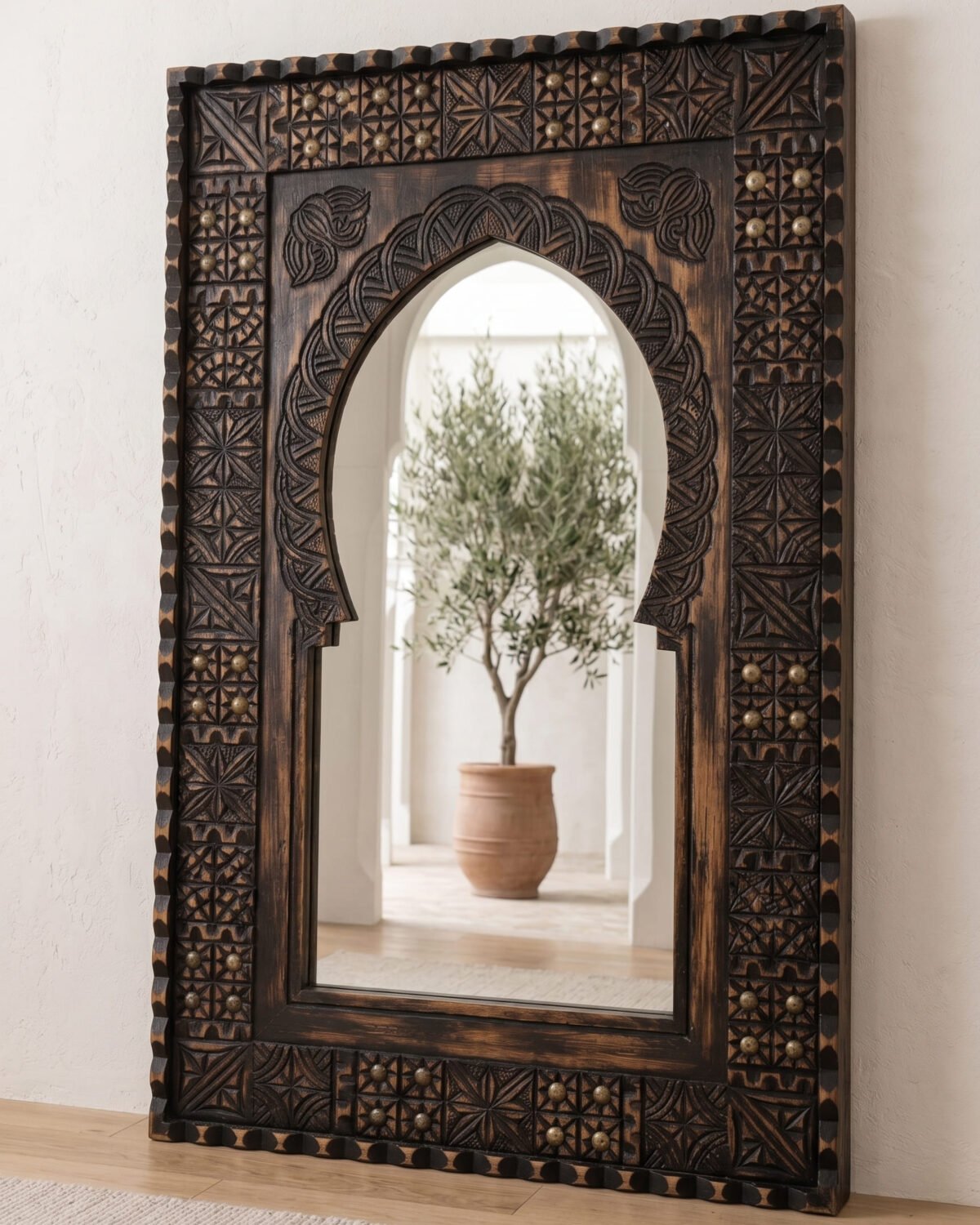 Fes Lattice handmade Moroccan mirror – carved wood detail, view 2