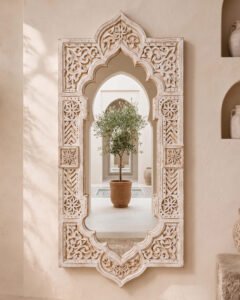 Atlas Leaf handmade Moroccan mirror – carved wood detail, view 4