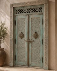 Chefchaouen Arch handmade Moroccan door – carved wood detail, view 4