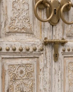 Riad Blanche handmade Moroccan door – carved wood detail, view 4