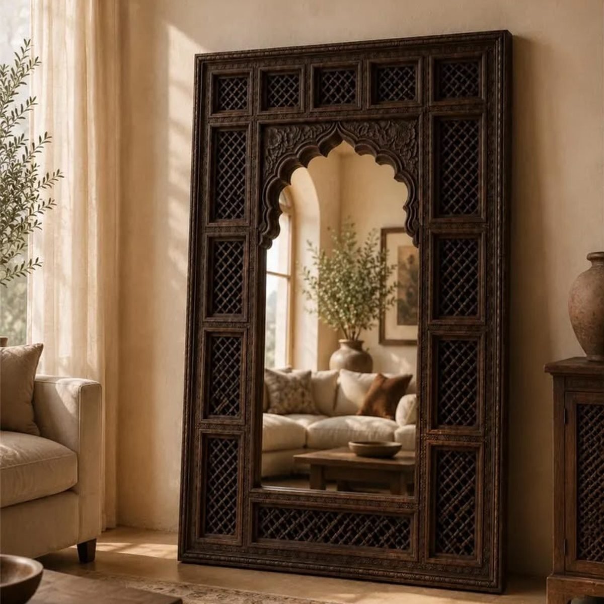 Zellige Reflection handmade Moroccan mirror with hand-carved wood frame