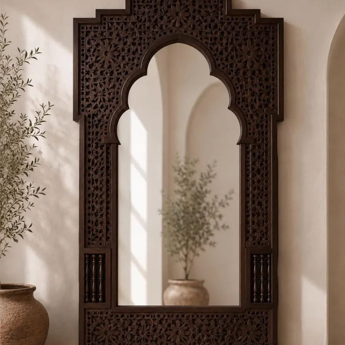 Andalusia Crest handmade Moroccan mirror with hand-carved wood frame