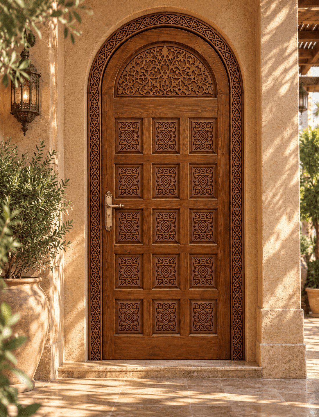 Bab Zahra Moroccan arched door installed at a villa entrance
