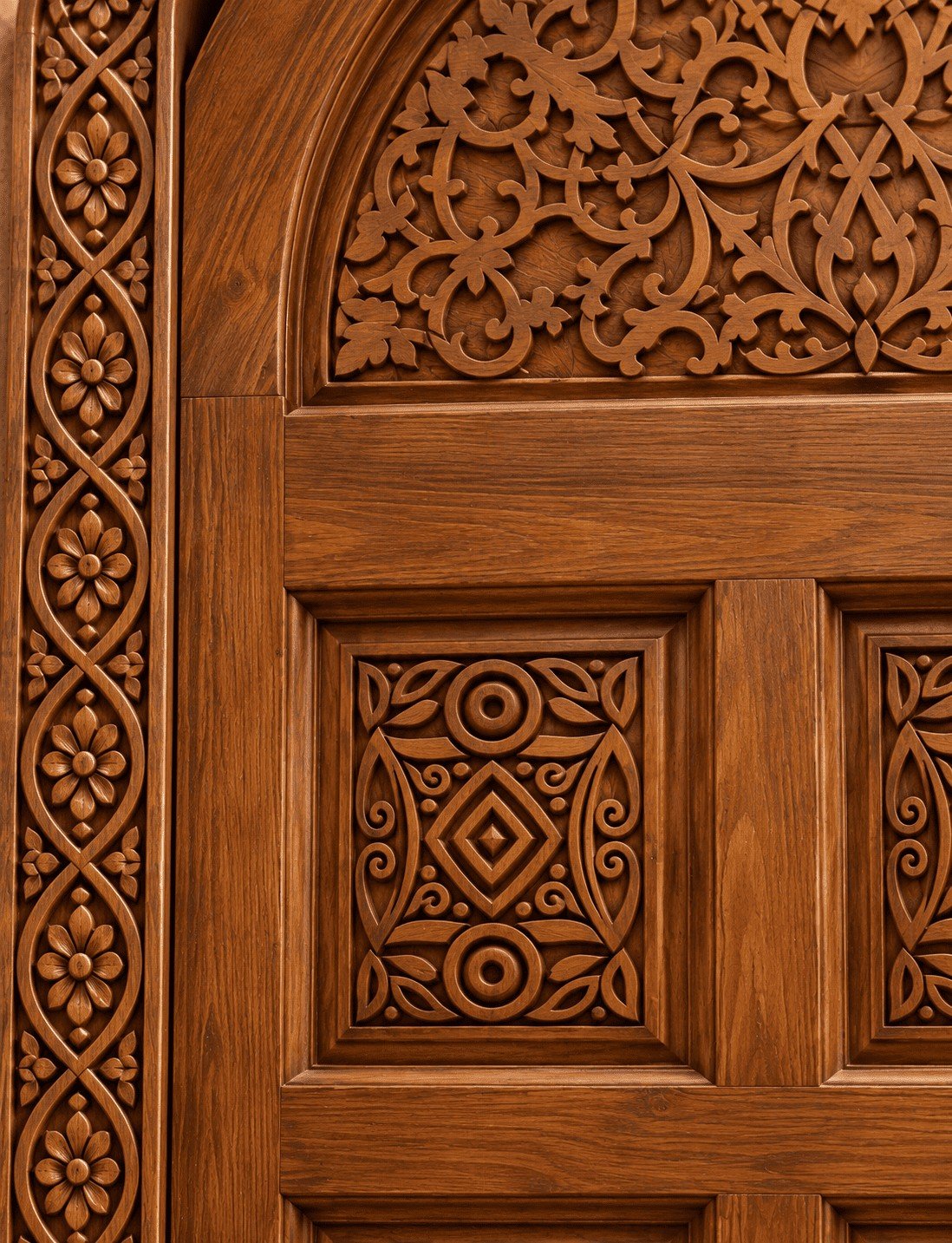 Close-up of hand-carved floral border and geometric panel on Bab Zahra door