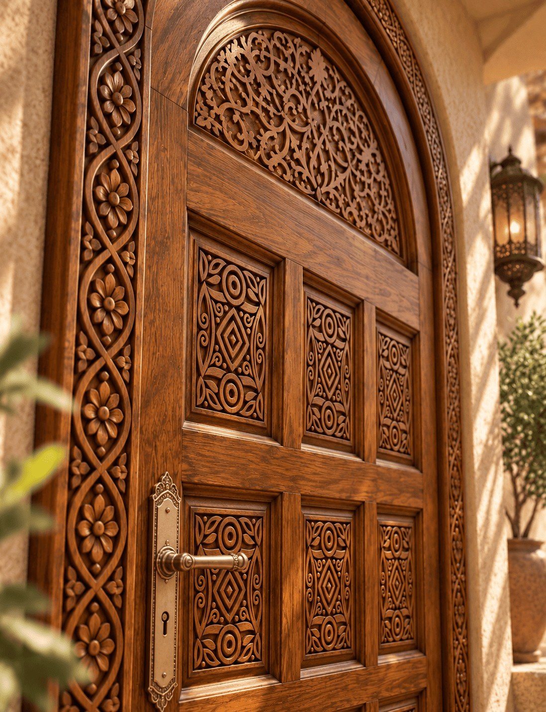 Bab Zahra carved Moroccan door with brass handle, angled view