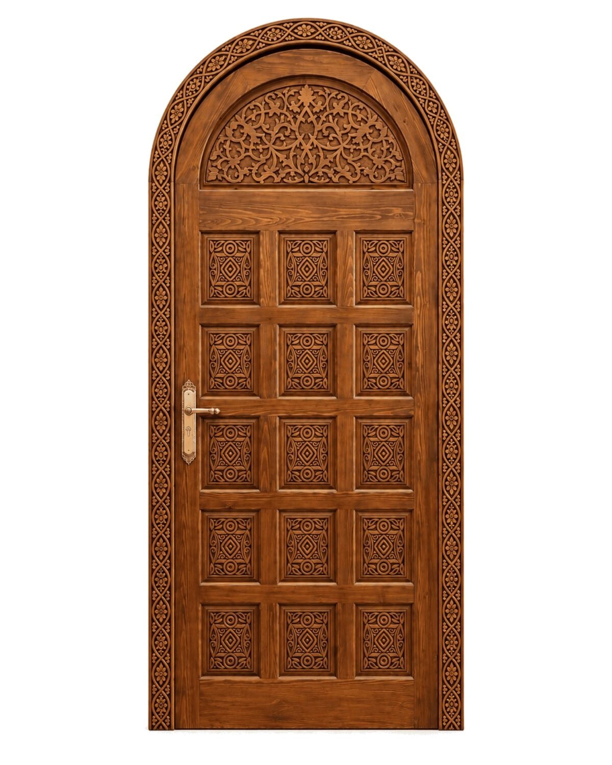 Bab Zahra hand-carved Moroccan arched wooden door on white background